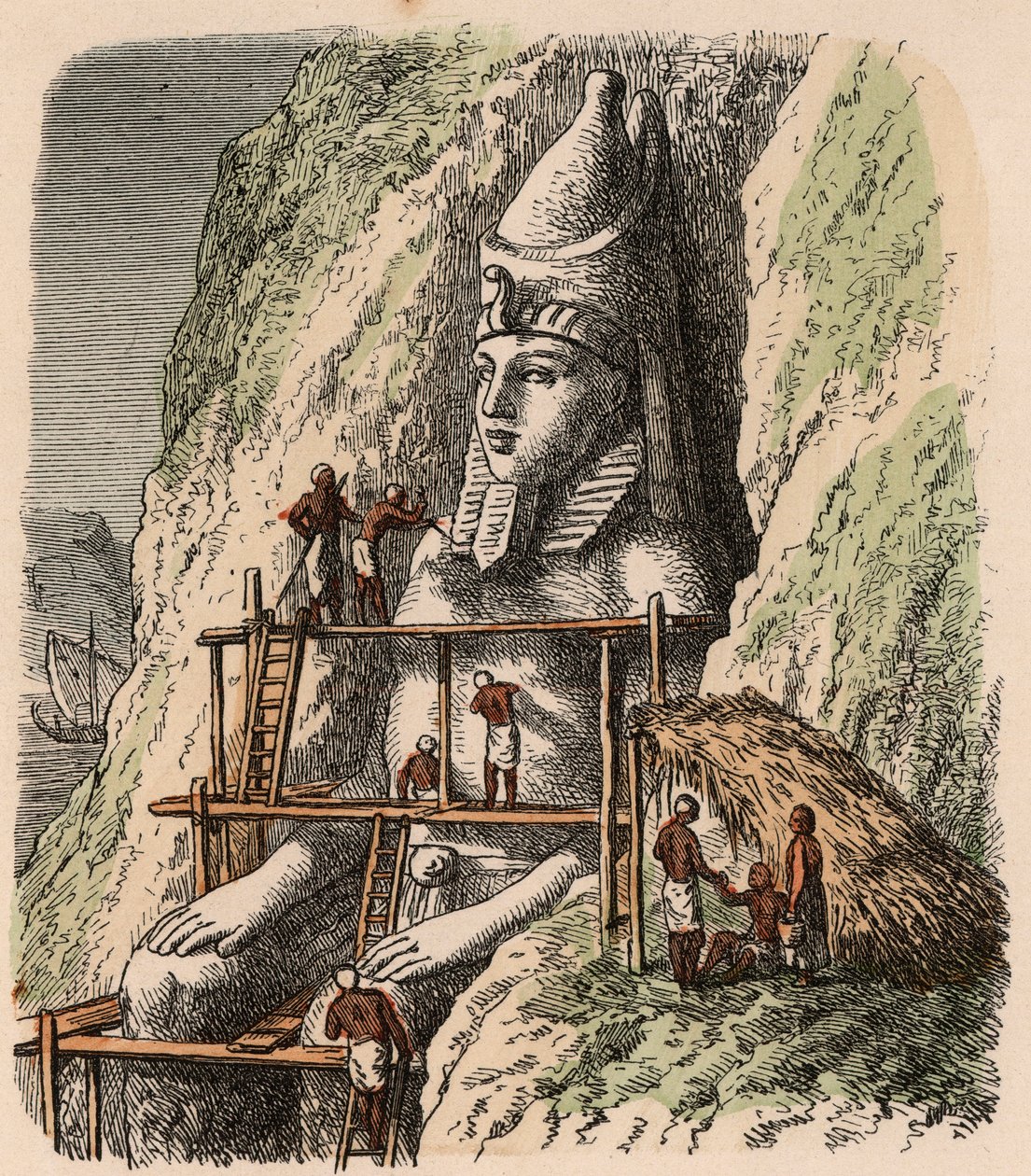 Starověký Egypt: Řezba sochy chrámu v Abú Simbelu, 1866 od Heinrich Leutemann