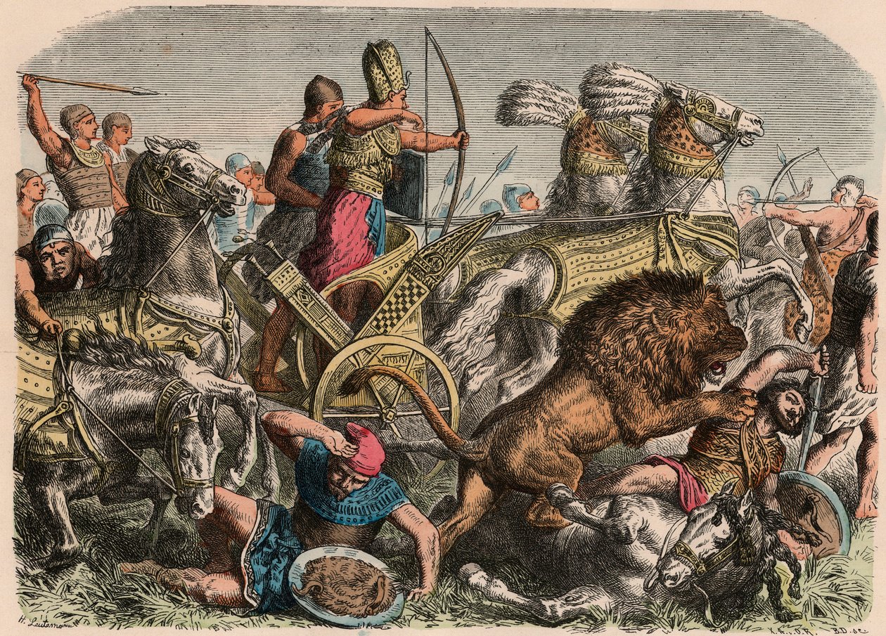 Starověký Egypt: Faraon Ramses II bojující proti válečným lvům chetitské armády v Qadesh, 1274 př.nl, 1866 od Heinrich Leutemann