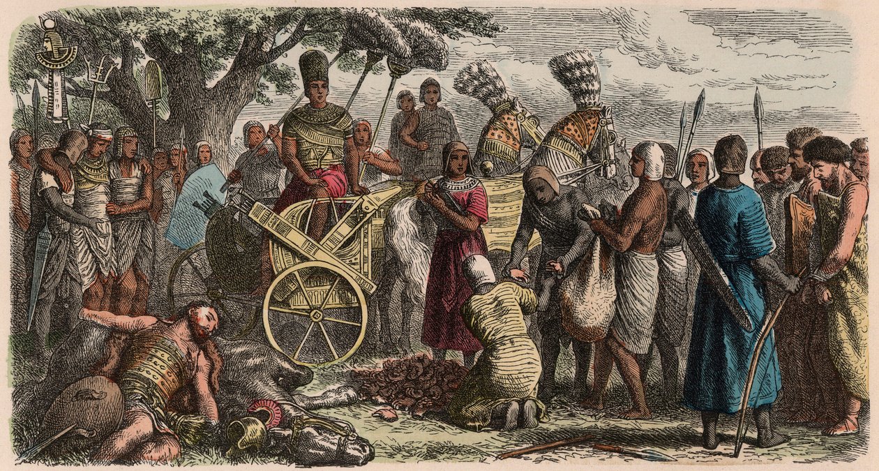 Starověký Egypt: zajatci přivedení před vítězného faraona Ramsese II., aby jim byly useknuty ruce, 1866 od Heinrich Leutemann