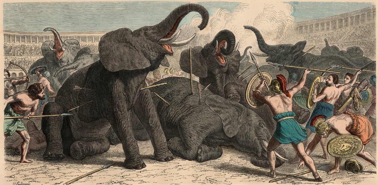 Starověký Řím: Sloni jsou zabiti v amfiteátru, 1866 od Heinrich Leutemann