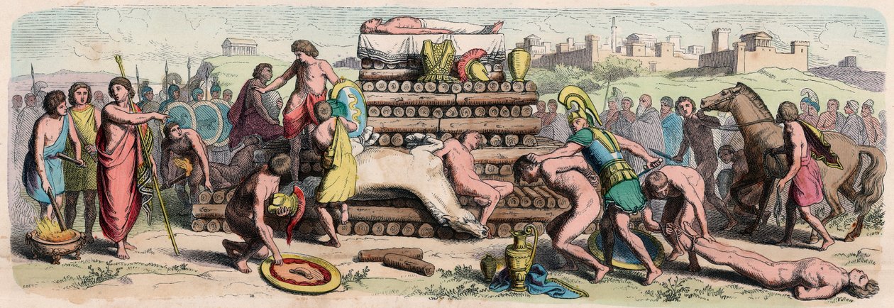 Archaické období v Řecku: kremace hrdiny se zvířecími a lidskými oběťmi od Heinrich Leutemann