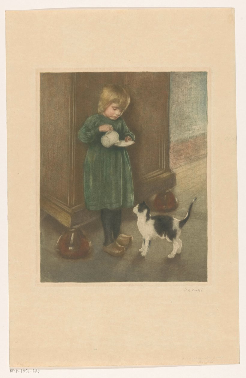 Dívka krmí kočku od Heinrich M. Krabbé (signed by artist)