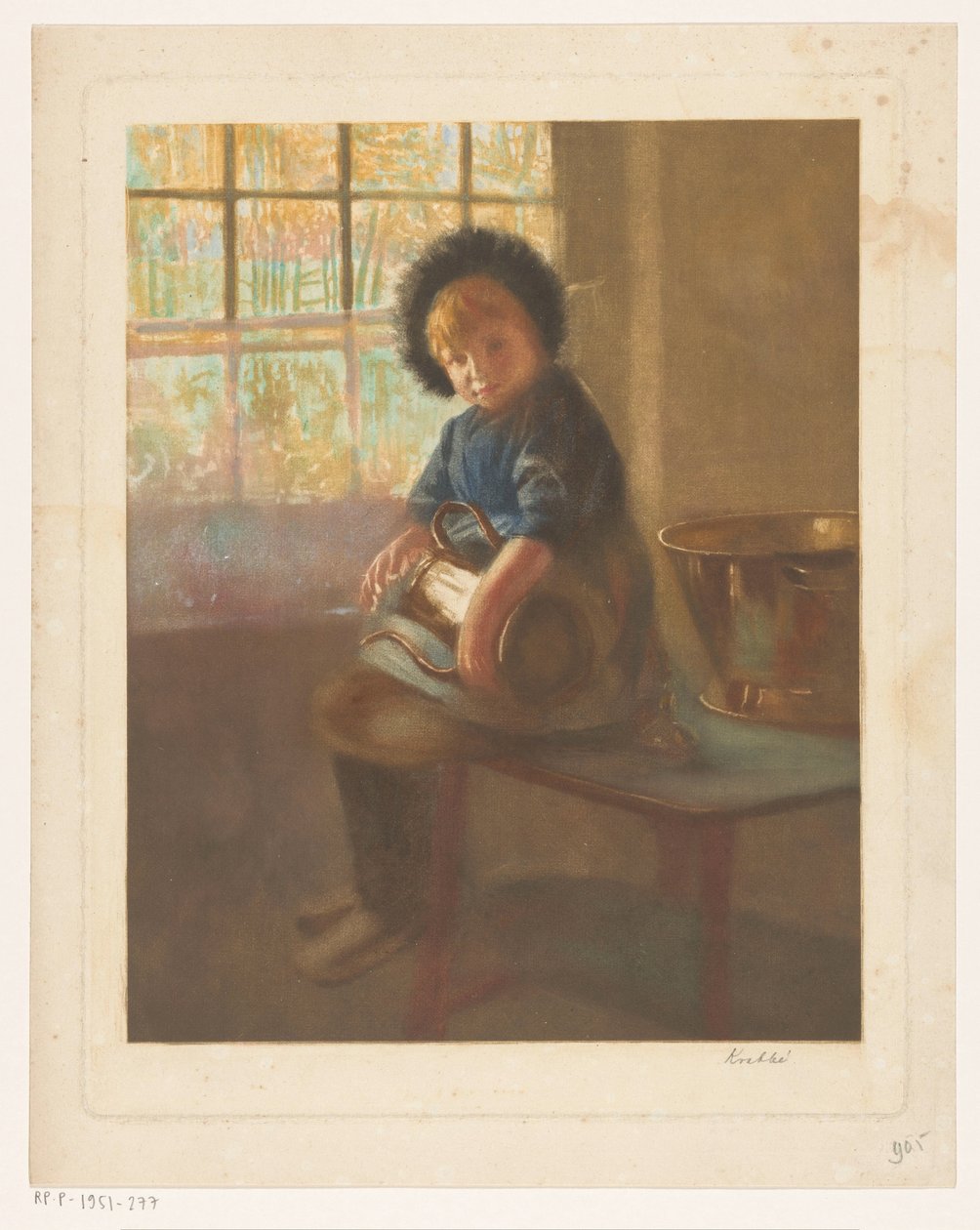 Dívka, která leští měděný hrnec od Heinrich M. Krabbé (signed by artist)