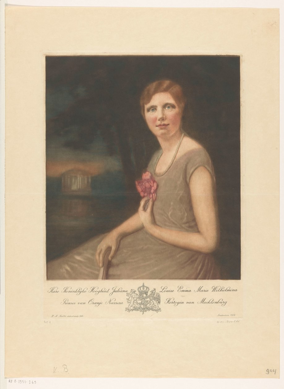 Portrét princezny Juliany Její královská výsost Juliana Louise Emma Marie Wilhelmina, princezna z Orange Nassau, vévodkyně z Meklenburska (titul na předmětu) od Heinrich M. Krabbé (signed by artist)