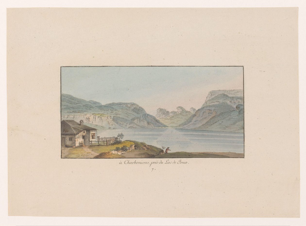 Gezicht op Les Charbonnières bij het Lac de Joux v Charbonieres, poblíž Lac de Joux (název na objektu) Gezichten op Zwitserland (název série) Sbírka některých pohledů nakreslených ve Švýcarsku z přírody (název série) od Heinrich Rieter