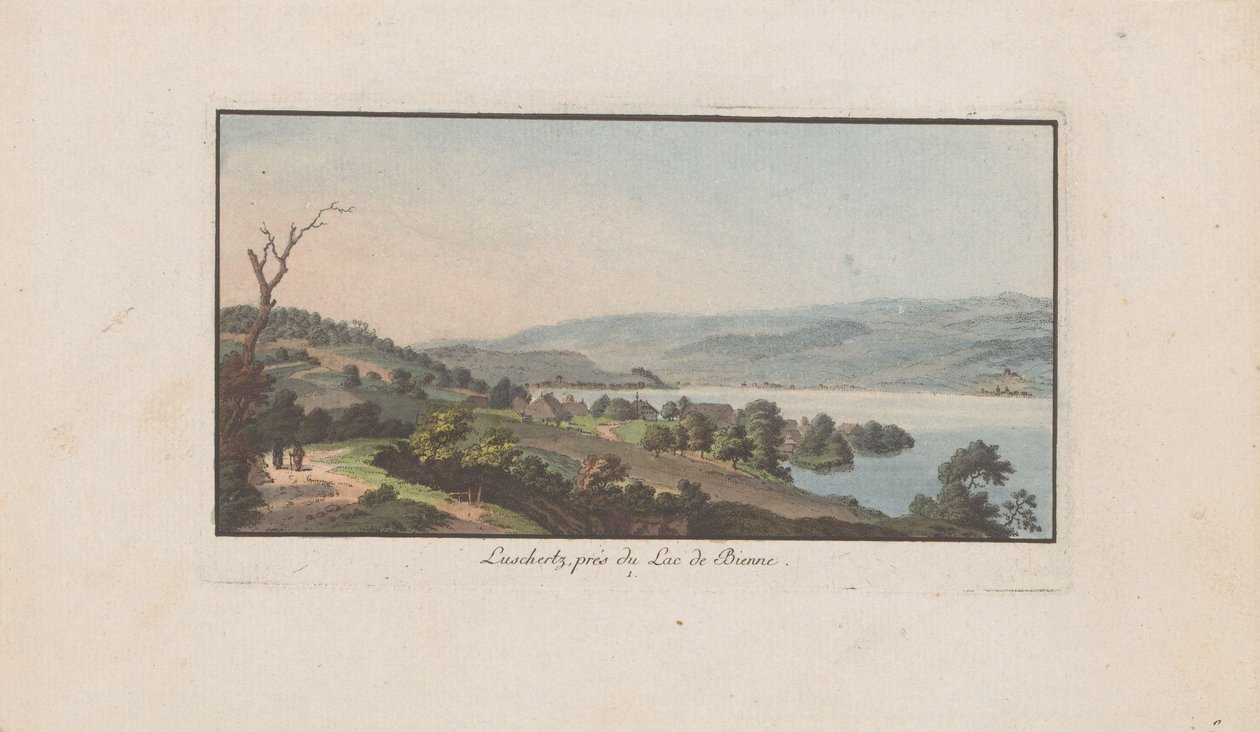 Pohled na Lüscherz na Bielersee Luschertz, poblíž Lac de Bienne (název na objektu) Krajiny ve Švýcarsku (název série) Sbírka některých pohledů ve Švýcarsku (název série) od Heinrich Rieter
