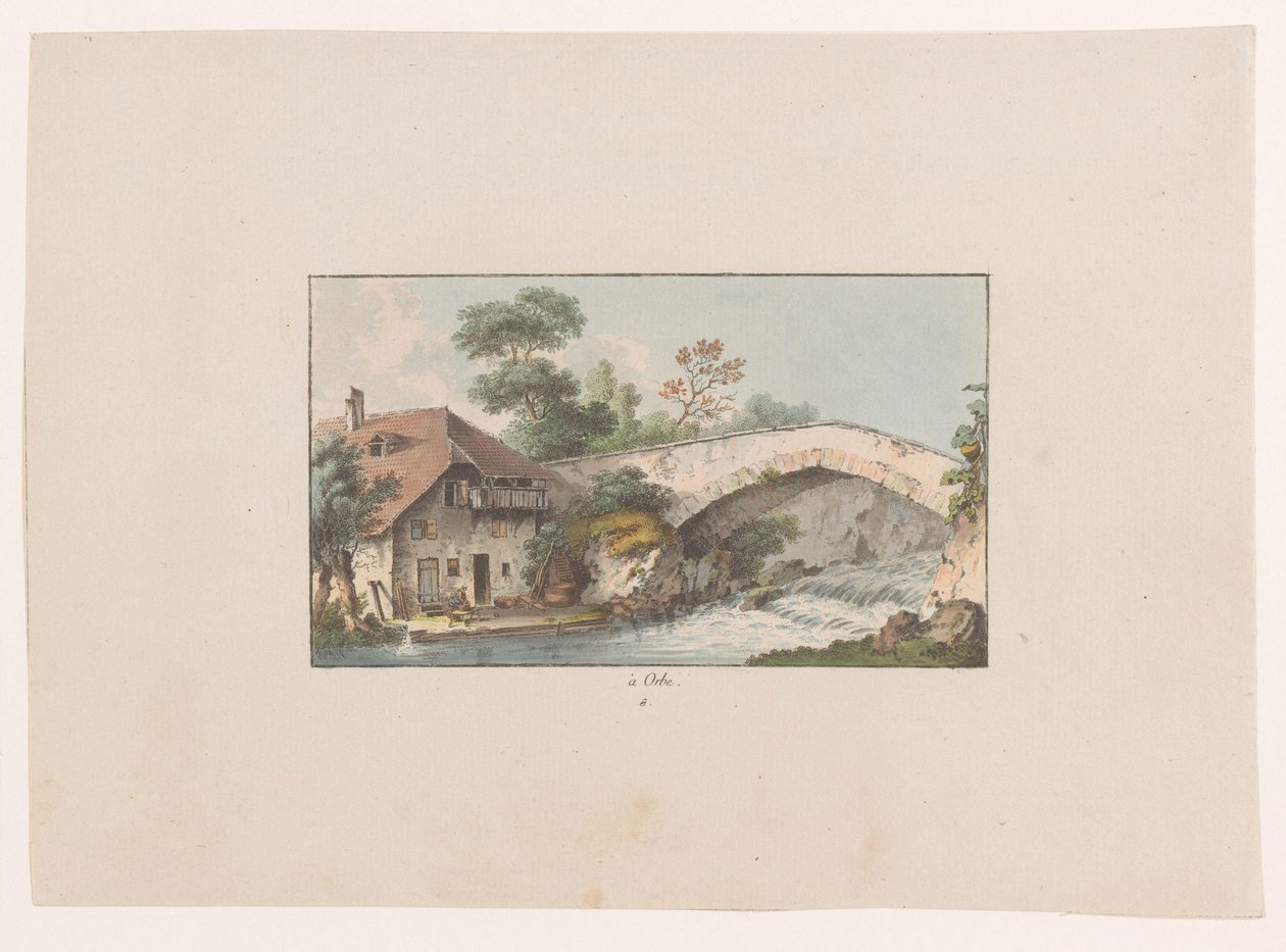 Pohled na dům u mostu v Orbe à Orbe (název na objektu) Pohledy na Švýcarsko (název série) Collection de quelques vues dessinées en Suisse d