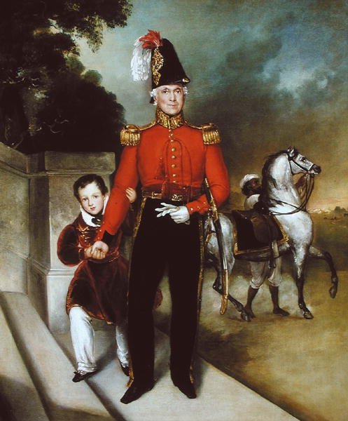 Generál Sir James Dennis (1778-1855) se svým synem, syce odvádějící jeho nabíječku 1843 (olej na plátně) od Heinrich Schaeffer