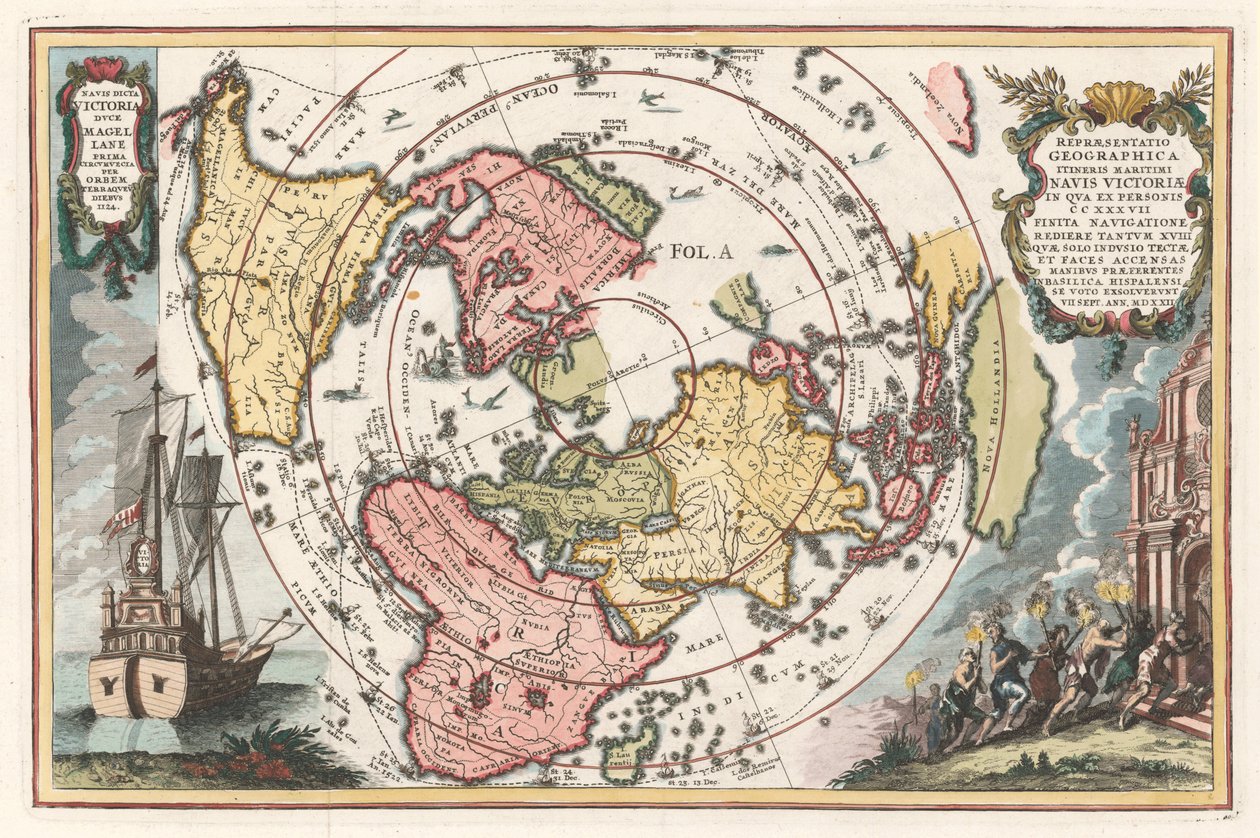Mapa světa s Magellanovou obeplutí Ze Schererova atlasu novus, 1702-1703 od Heinrich Scherer