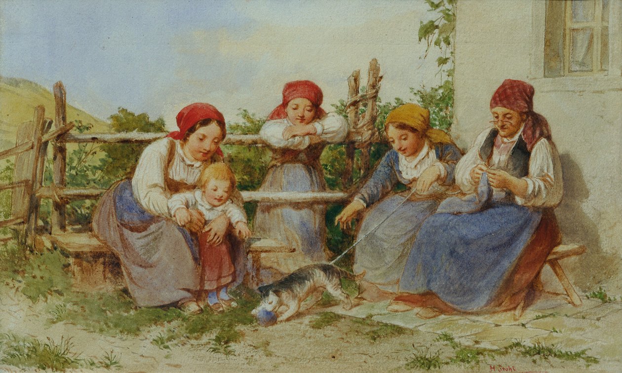 Ženy a děti s hrající si kočkou od Heinrich Stohl