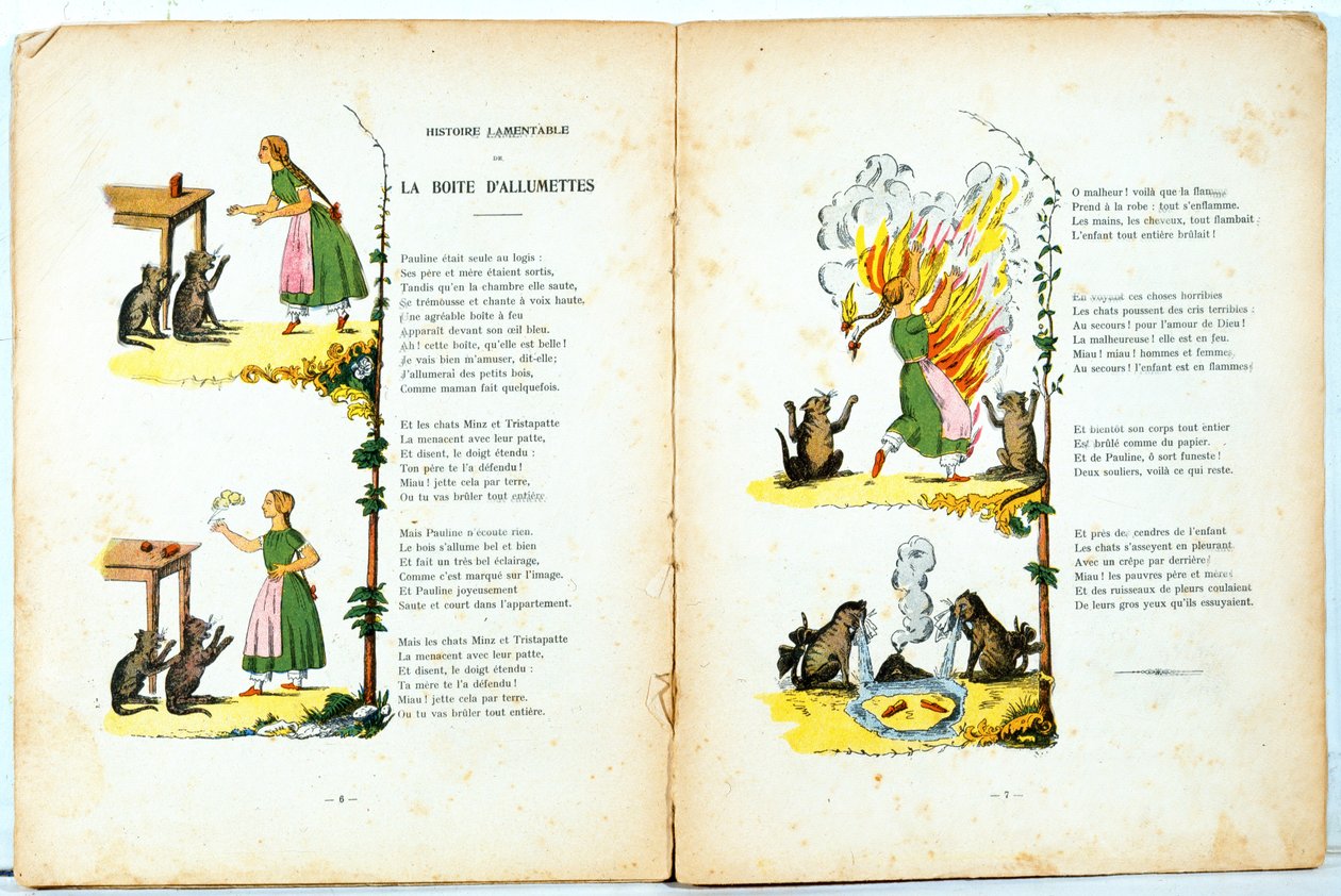 Lamentable History of the Matchbox, ilustrace z francouzského překladu Hoffmannse Struwwelpetera od Trima (Louis Gustave Ratisbonne, 1827-1900), kolem 1850 od Heinrich Hoffmann