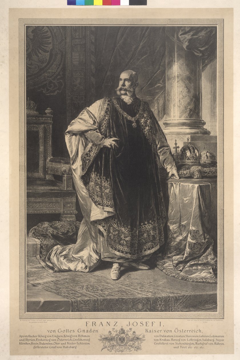 Celá postava stojícího Františka Josefa I. v rouně od Heinrich von Angeli