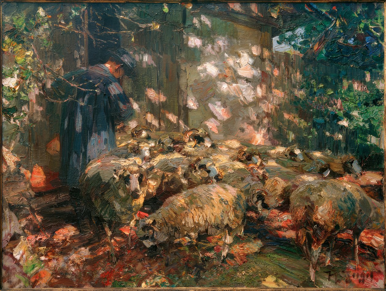 Pastýř s ovečkami před stájí od Heinrich von Zügel