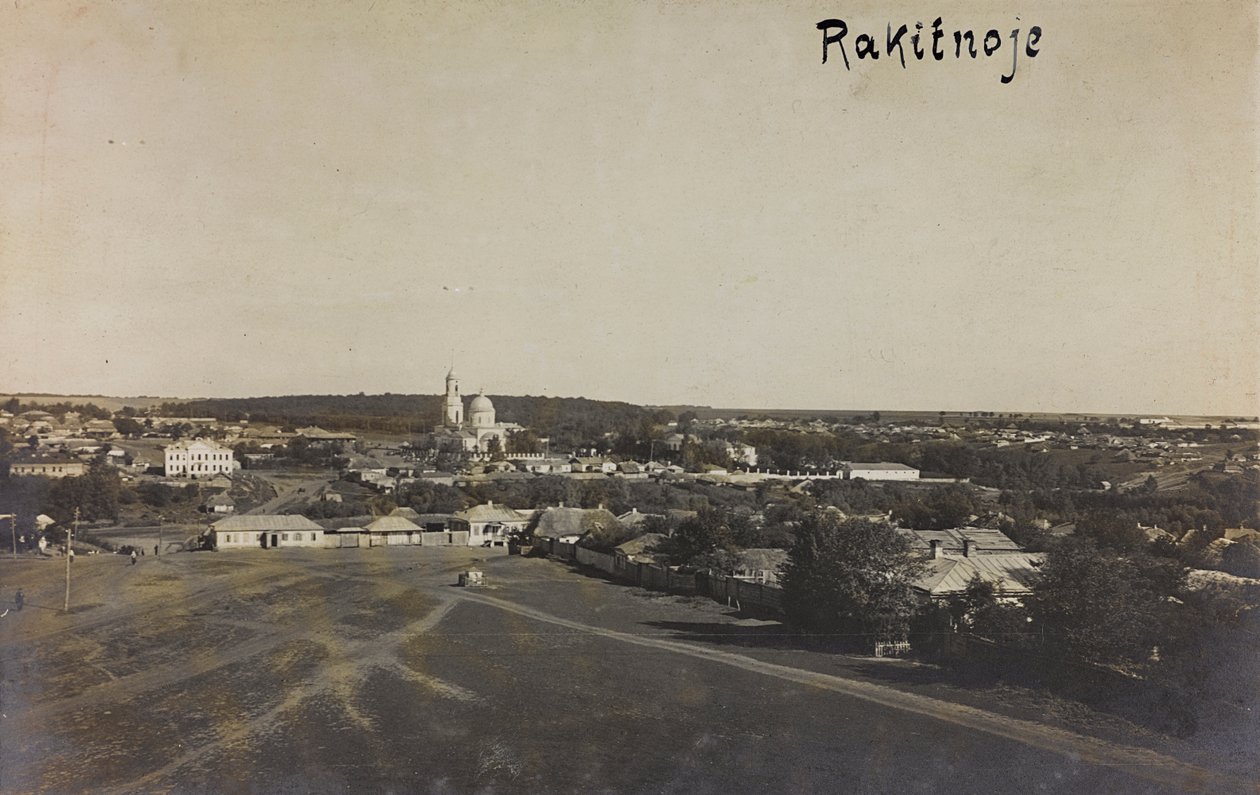 První světová válka: „Ukrajina v letech 1914-1916 během invaze německé armády. Pohled na Rakitnoe (černobílá fotografie) od Heldenfriedhof Dsessentniki (attr. to)