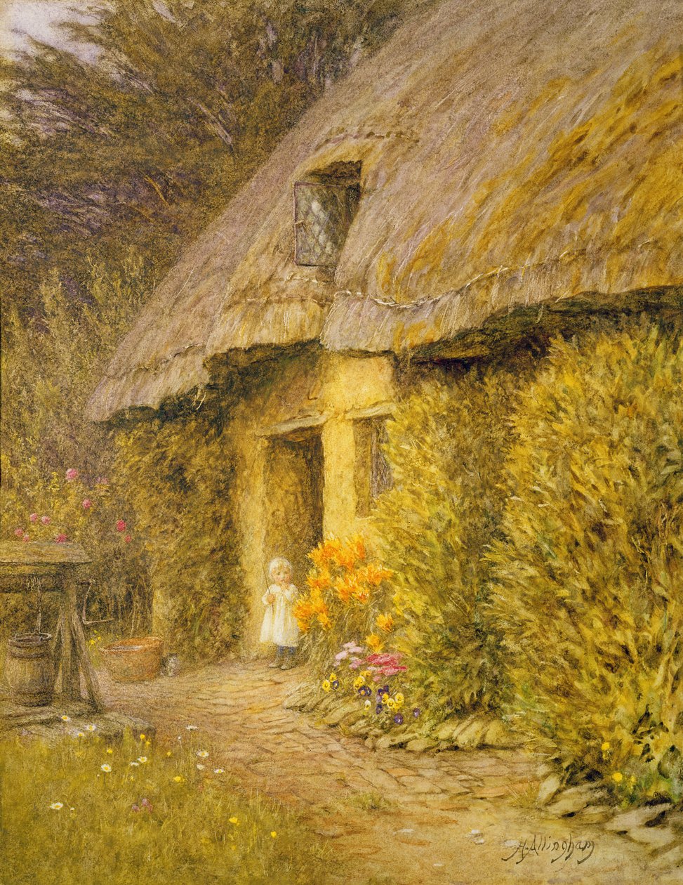 Dítě u dveří doškové chaloupky od Helen Allingham