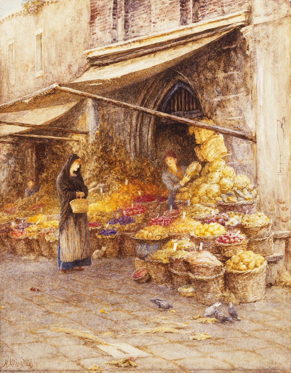 Ovocný stánek na úpatí Campanile, San Giovanni Elemosinario, v blízkosti rialto, Benátky, od Helen Allingham