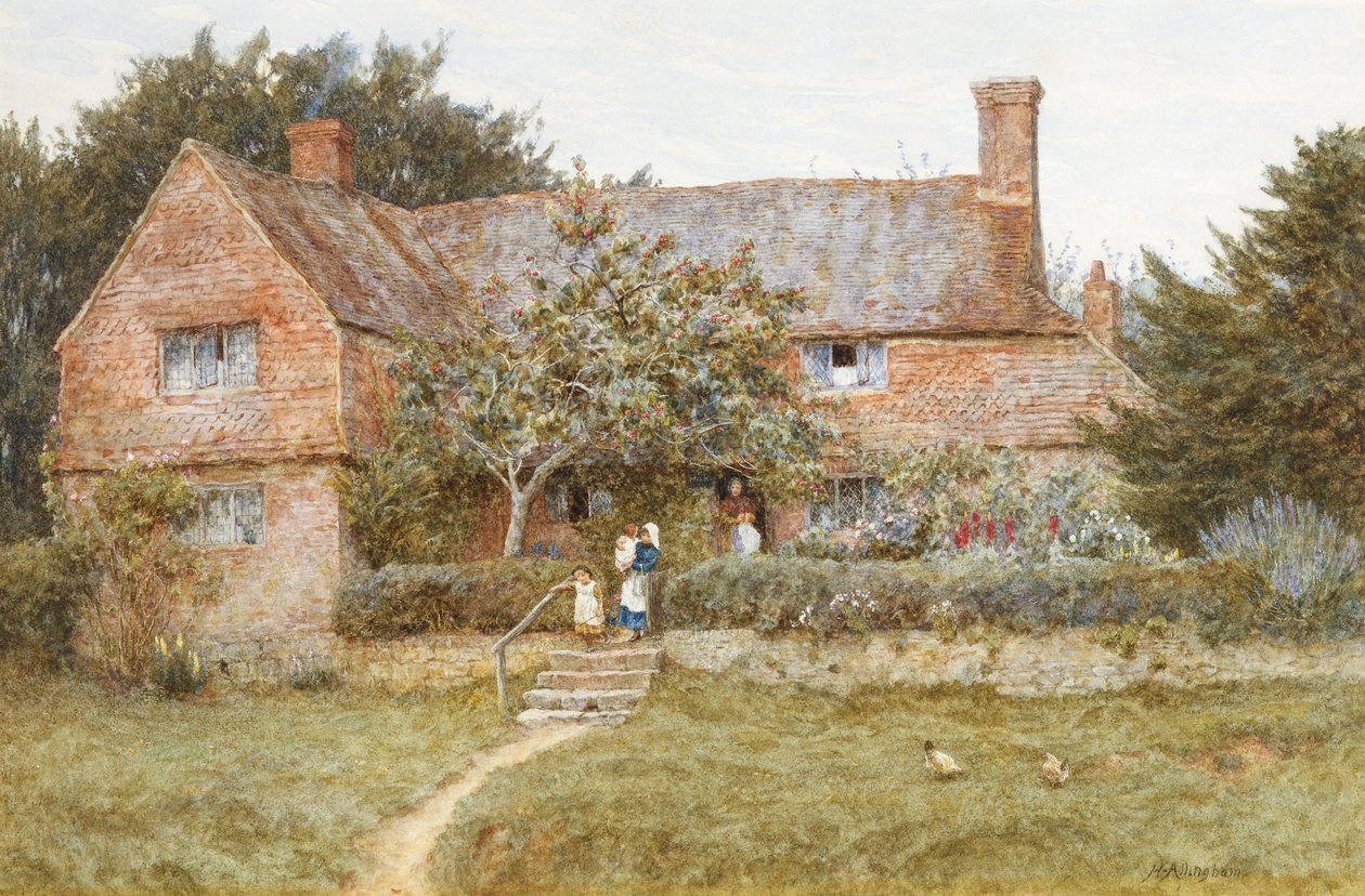 Chata v Surrey s matkou a jejími dětmi (akvarel s vyškrabováním) od Helen Allingham
