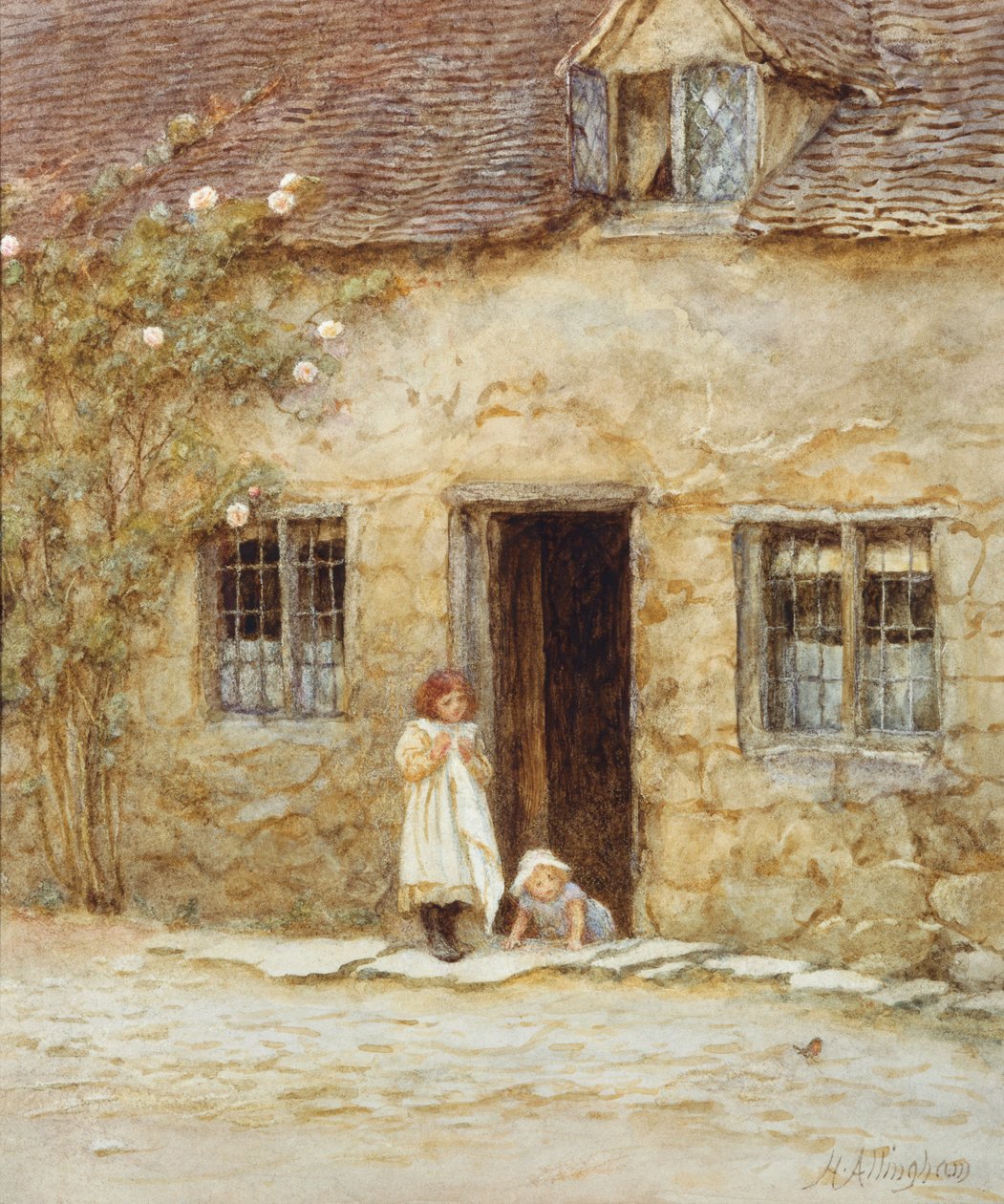 U dveří chalupy (akvarel s vyškrabáváním) od Helen Allingham