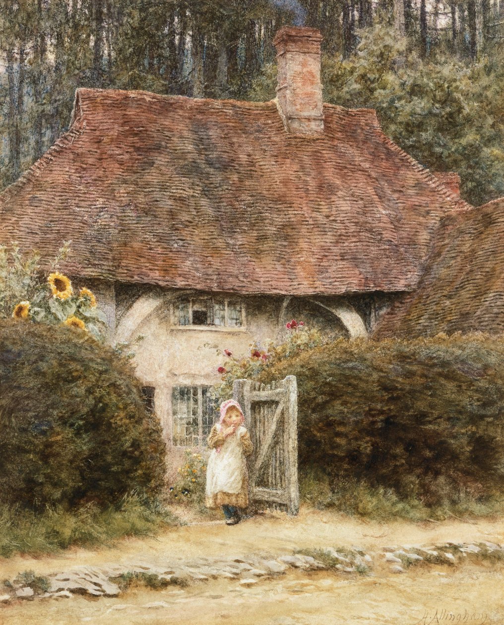 U chatové brány (akvarel s škrábáním na papíře) od Helen Allingham