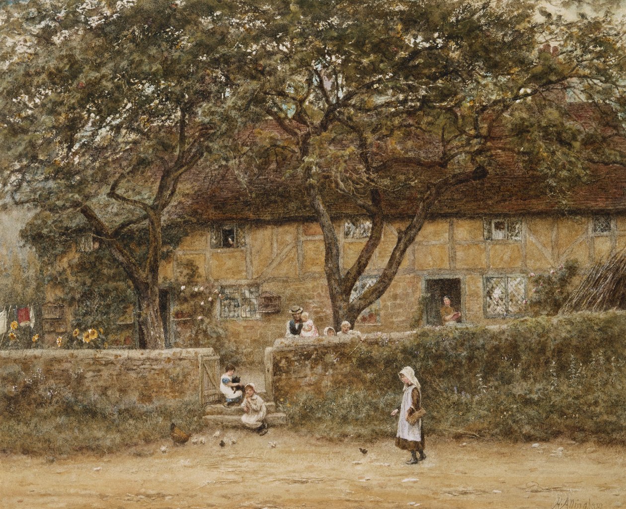 Děti mimo chalupu (akvarel s škrábáním na papíře) od Helen Allingham
