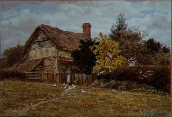 Laburnum Cottage: žena krmící kachny (akvarel) od Helen Allingham