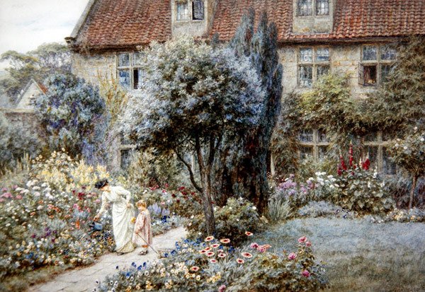Manor Farm Garden, Yorkshire, cca 1901 (akvarel na papíře) od Helen Allingham