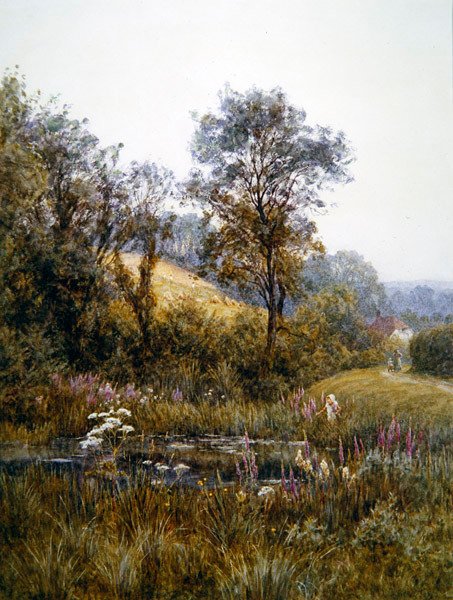Sbírání květin u rybníka (akvarel a škrábání na papír) od Helen Allingham