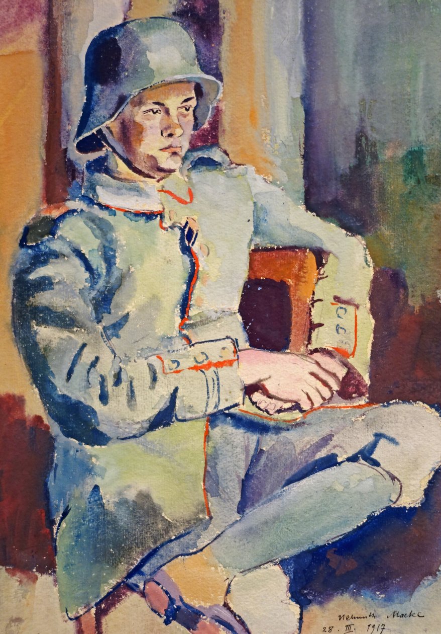 Autoportrét s ocelovou helmou od Helmuth Macke