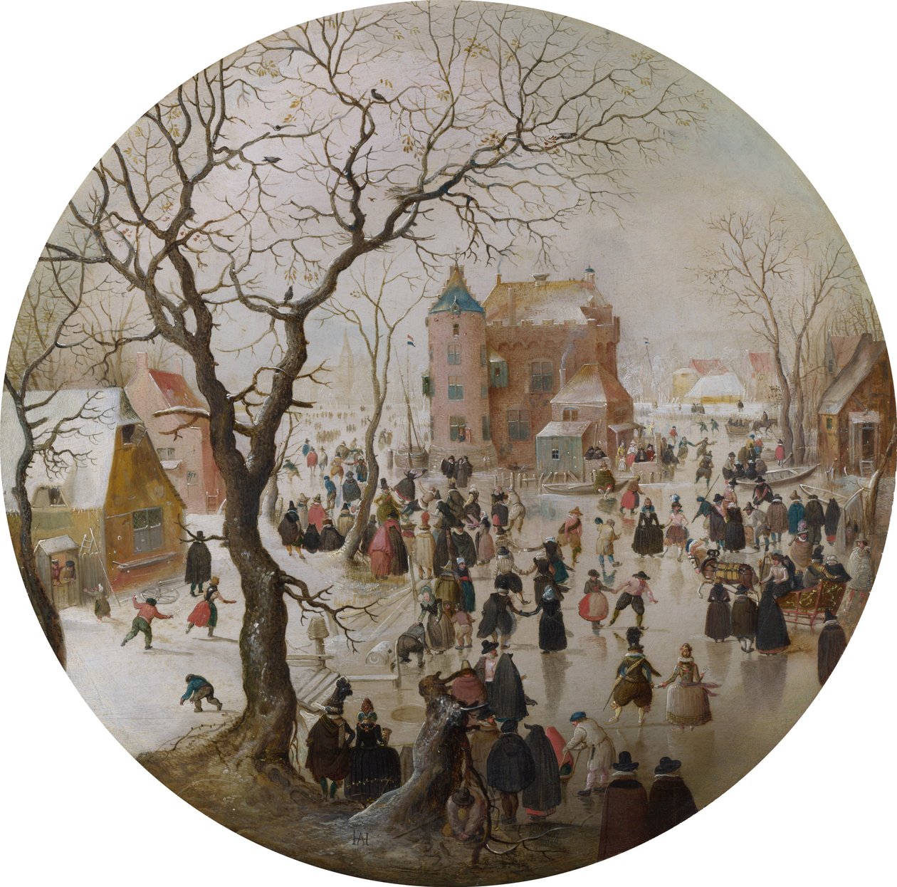 Zimní scéna s bruslaři poblíž hradu od Hendrick Avercamp