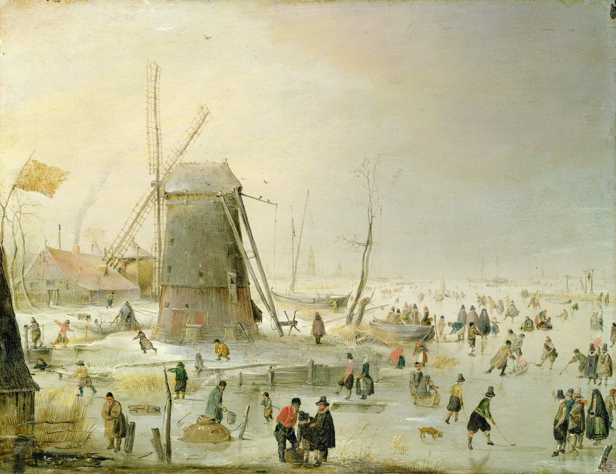 Zimní scéna s bruslaři u větrného mlýna od Hendrick Avercamp