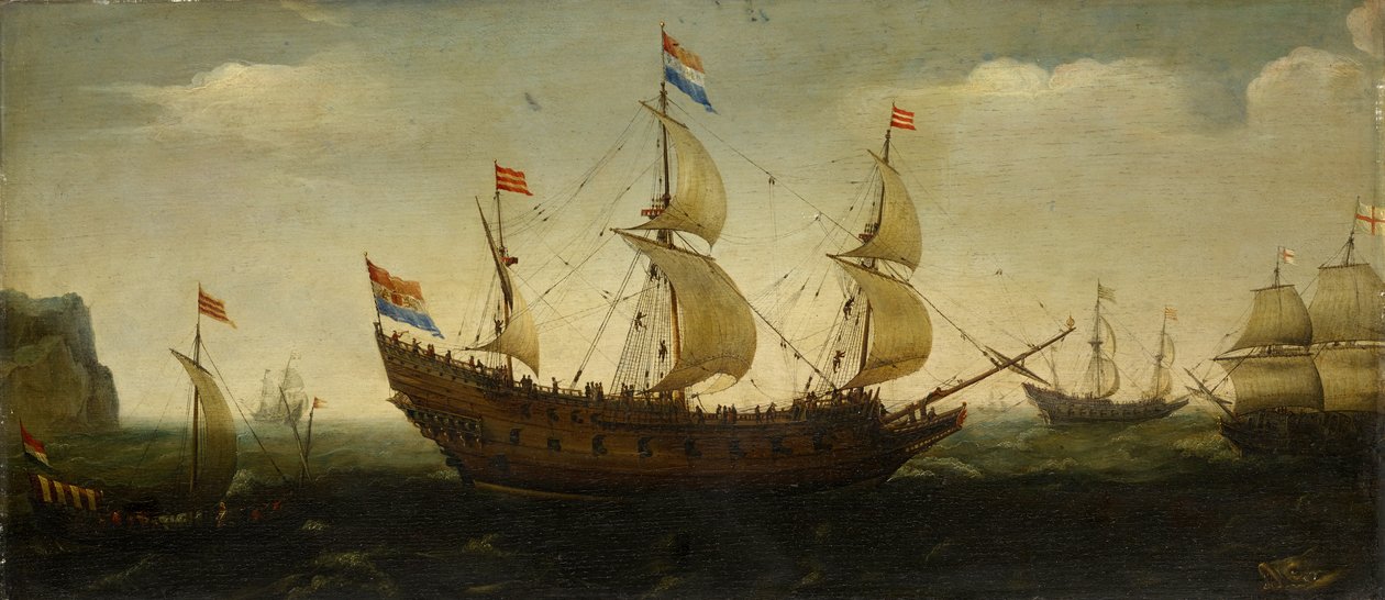 Nizozemské třístěžňové a jiné lodě na moři od Hendrick Cornelisz. Vroom