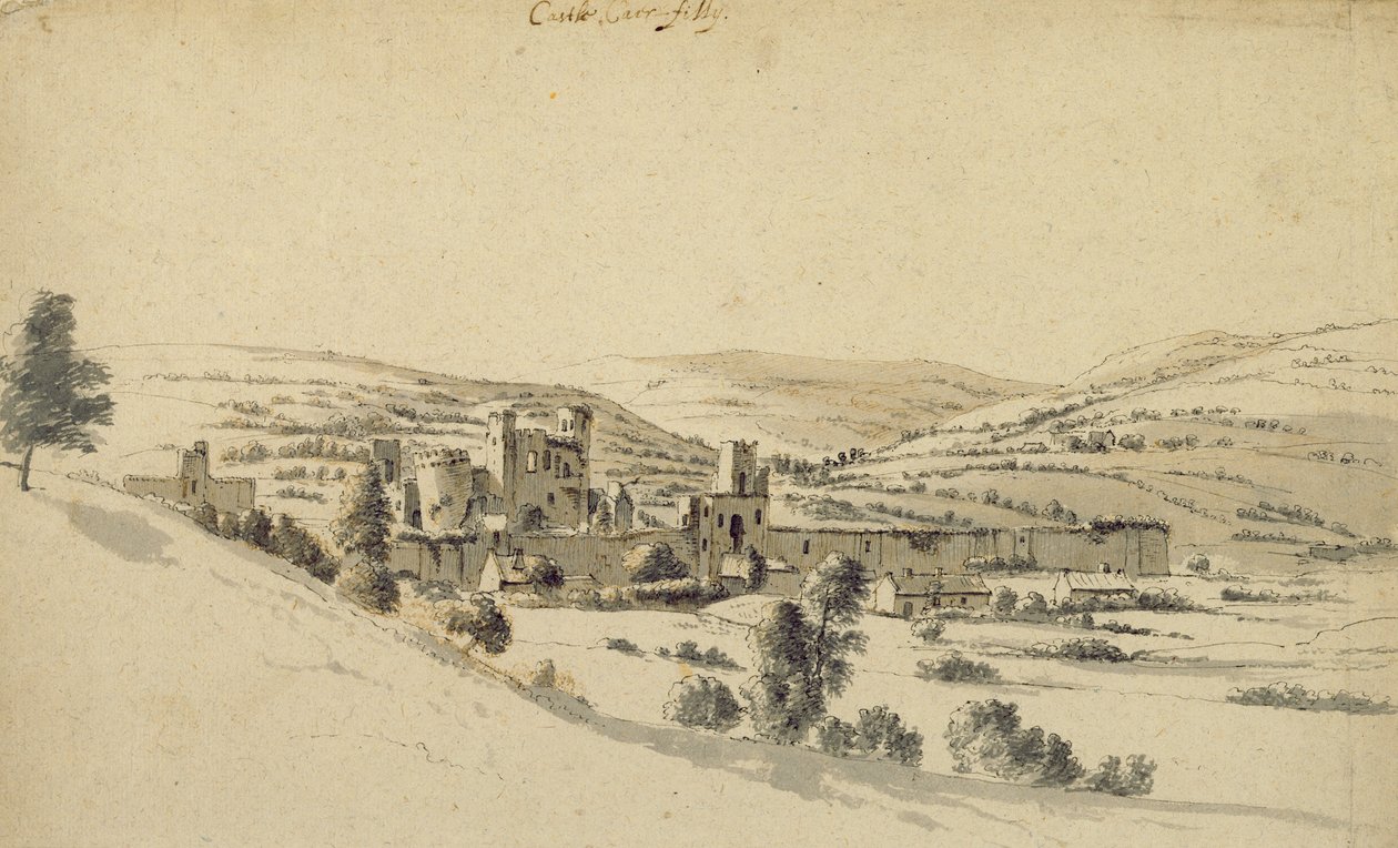 Caerphilly Castle (pero, inkoust a mytí na papíře) od Hendrick Danckerts