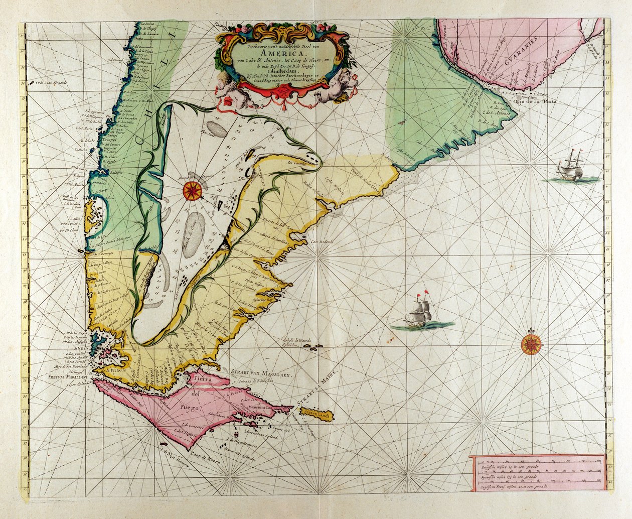 Amerika, deska 17 z „Le Nouveau et Grand Illuminant Flambeau de la Mer“, sestavil Claes Jansz. Vooght (fl.1680-96), vydáno v Amsterdamu 1683 (ručně kolorovaná rytina) od Hendrick Doncker