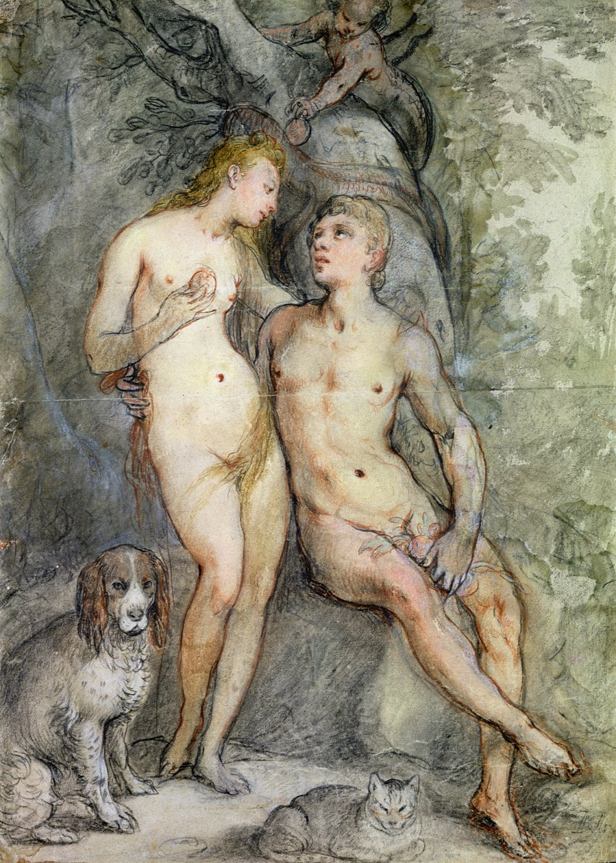 Adam a Eva (tužka a barevná tužka na papíře) od Hendrik Goltzius