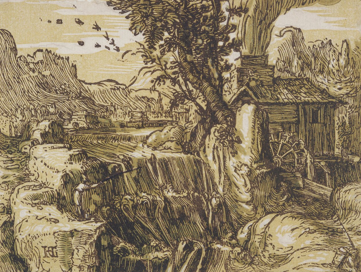 Krajina s vodopádem od Hendrik Goltzius