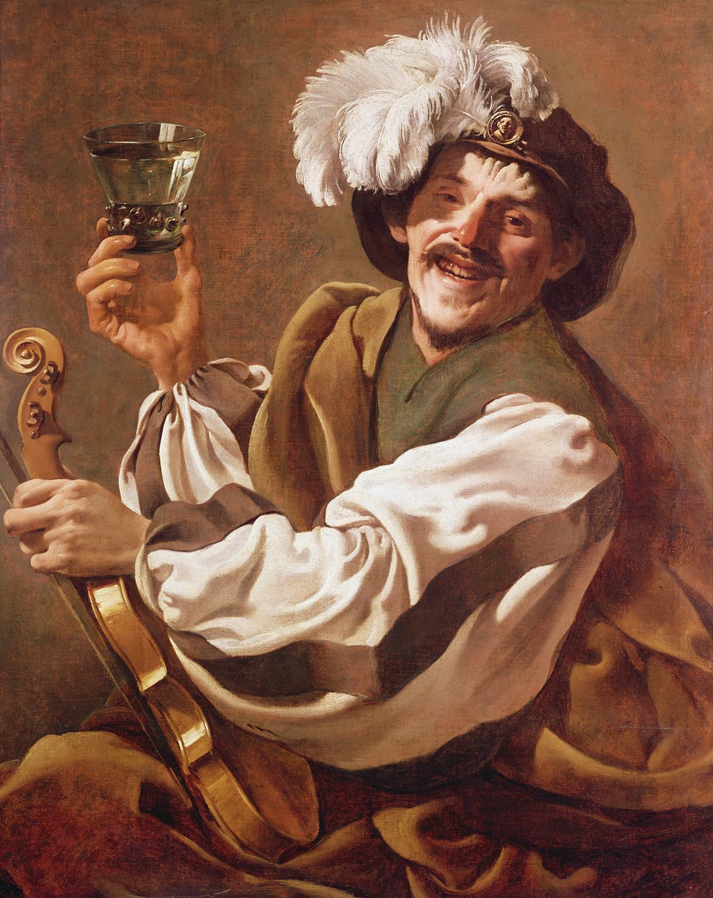 Houslista se sklenkou vína od Hendrick ter Brugghen