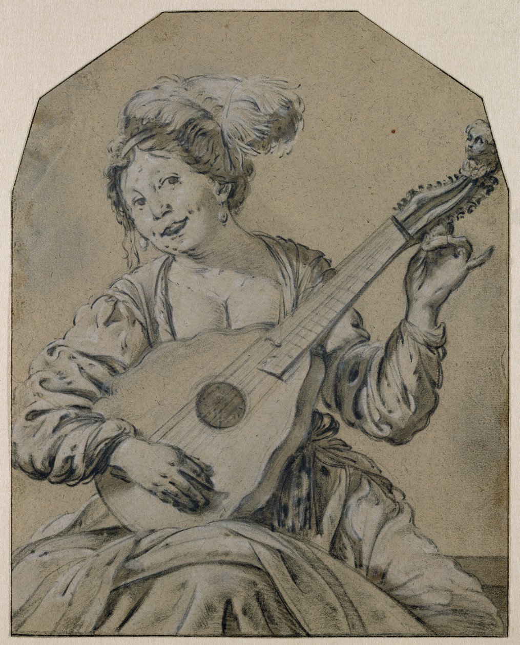 Lute-Player (černá a bílá křída na papíře) od Hendrick ter Brugghen