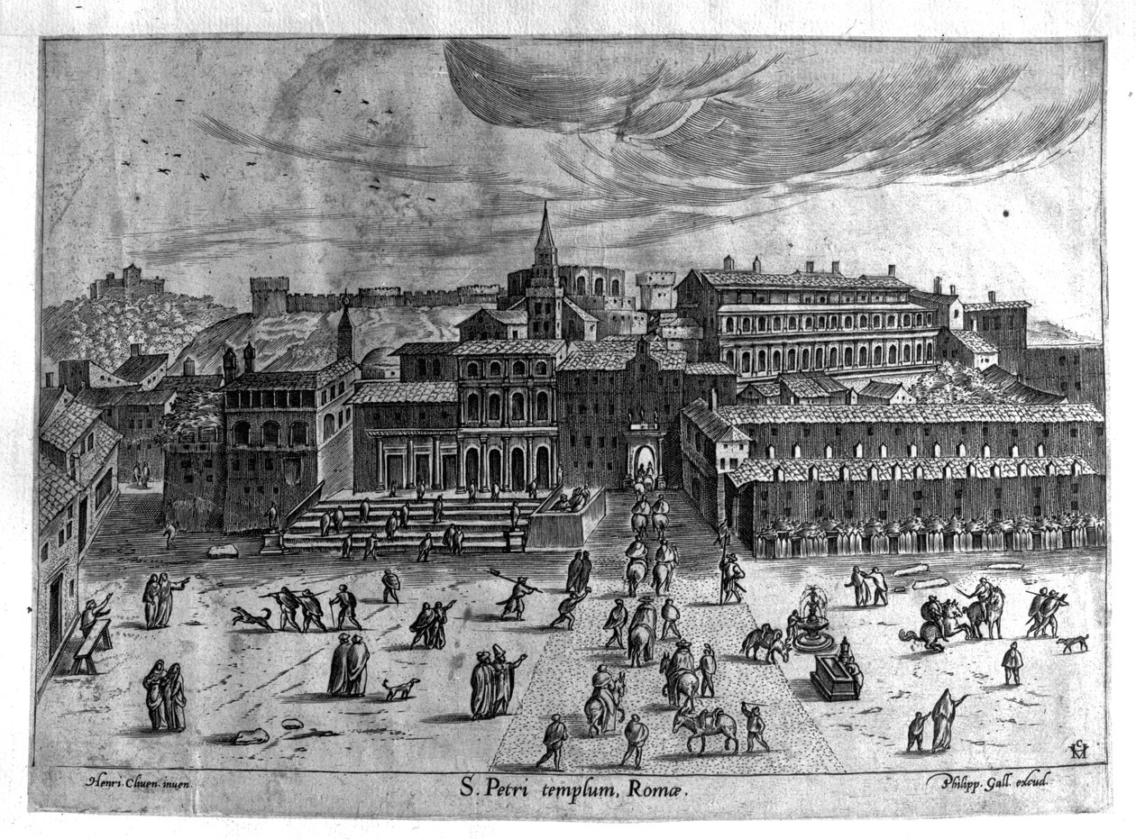 Kostel svatého Petra, z „Pohledy na Řím“, které vydal Philipp Galle v roce 1567 od Hendrick van Cleve