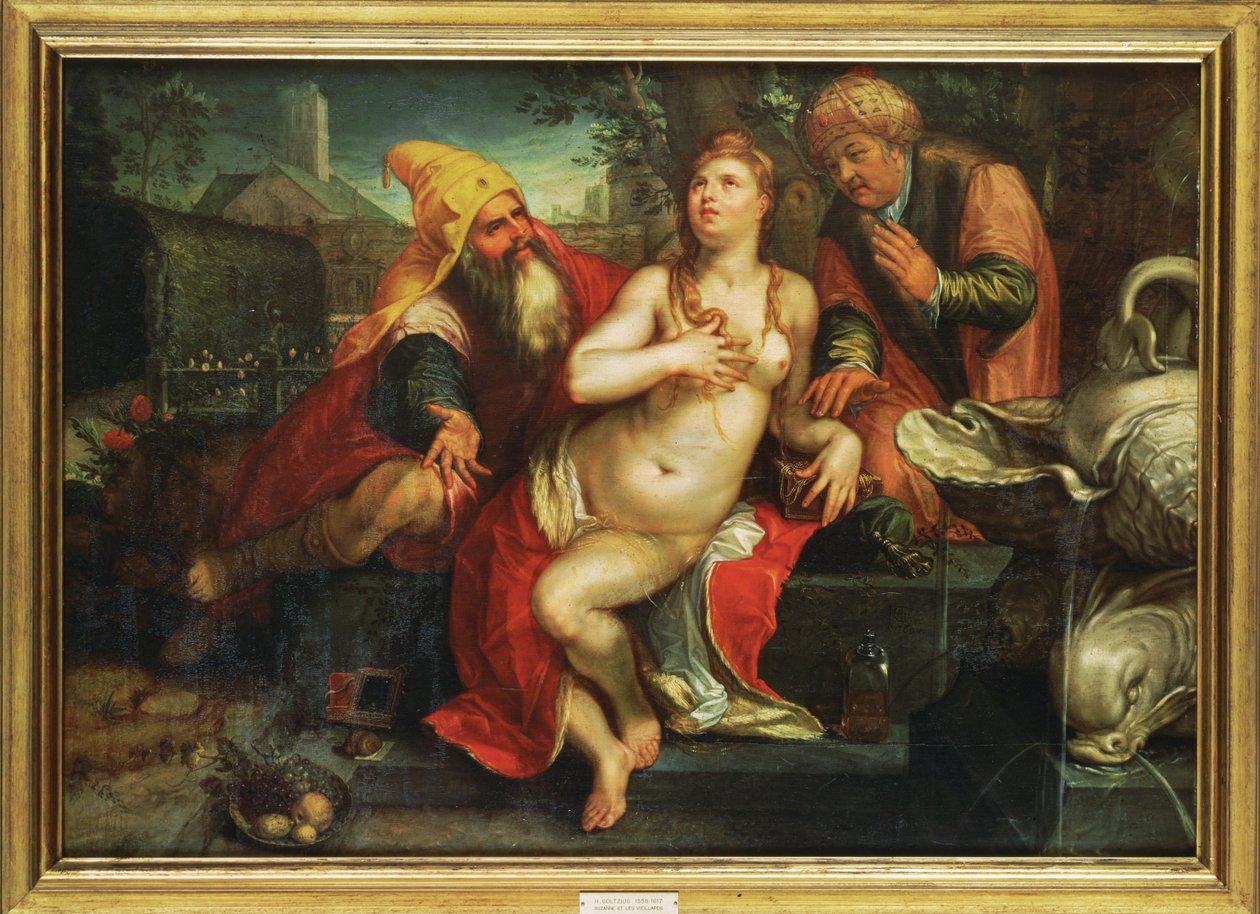 Susannah a starší ... (malba na dřevě) od Hendrick (attr. to) Goltzius