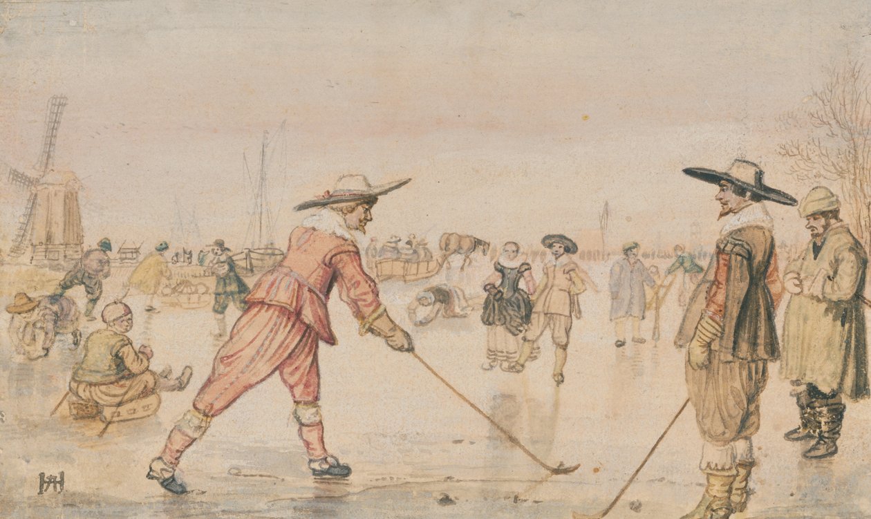 Zimní scéna se dvěma gentlemany hrajícími na kolovrátek od Hendrick Avercamp