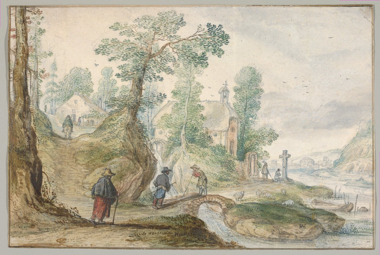 Lesnatá říční krajina s kostelem a postavami od Hendrick Avercamp