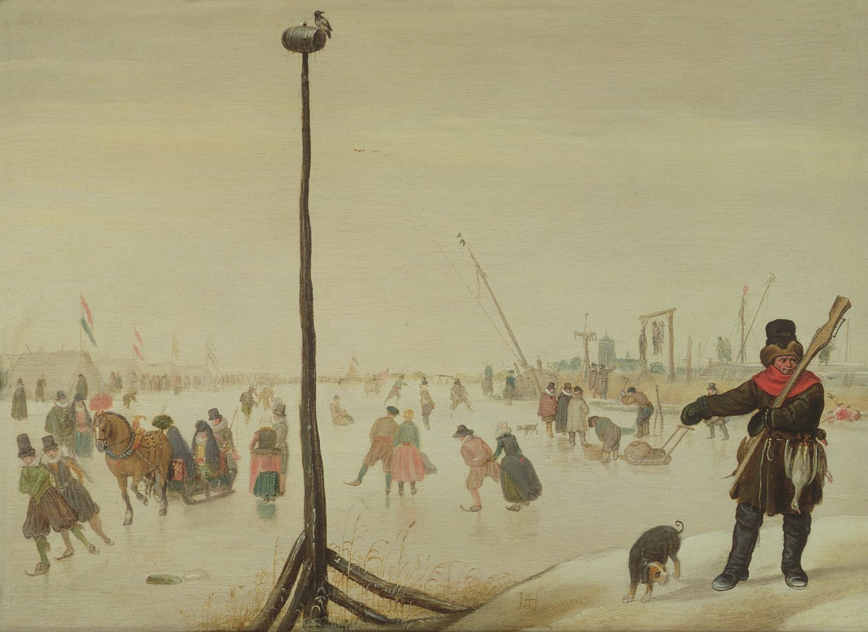 Lovec kachen a jeho pes v zimní krajině (panel) od Hendrick Avercamp