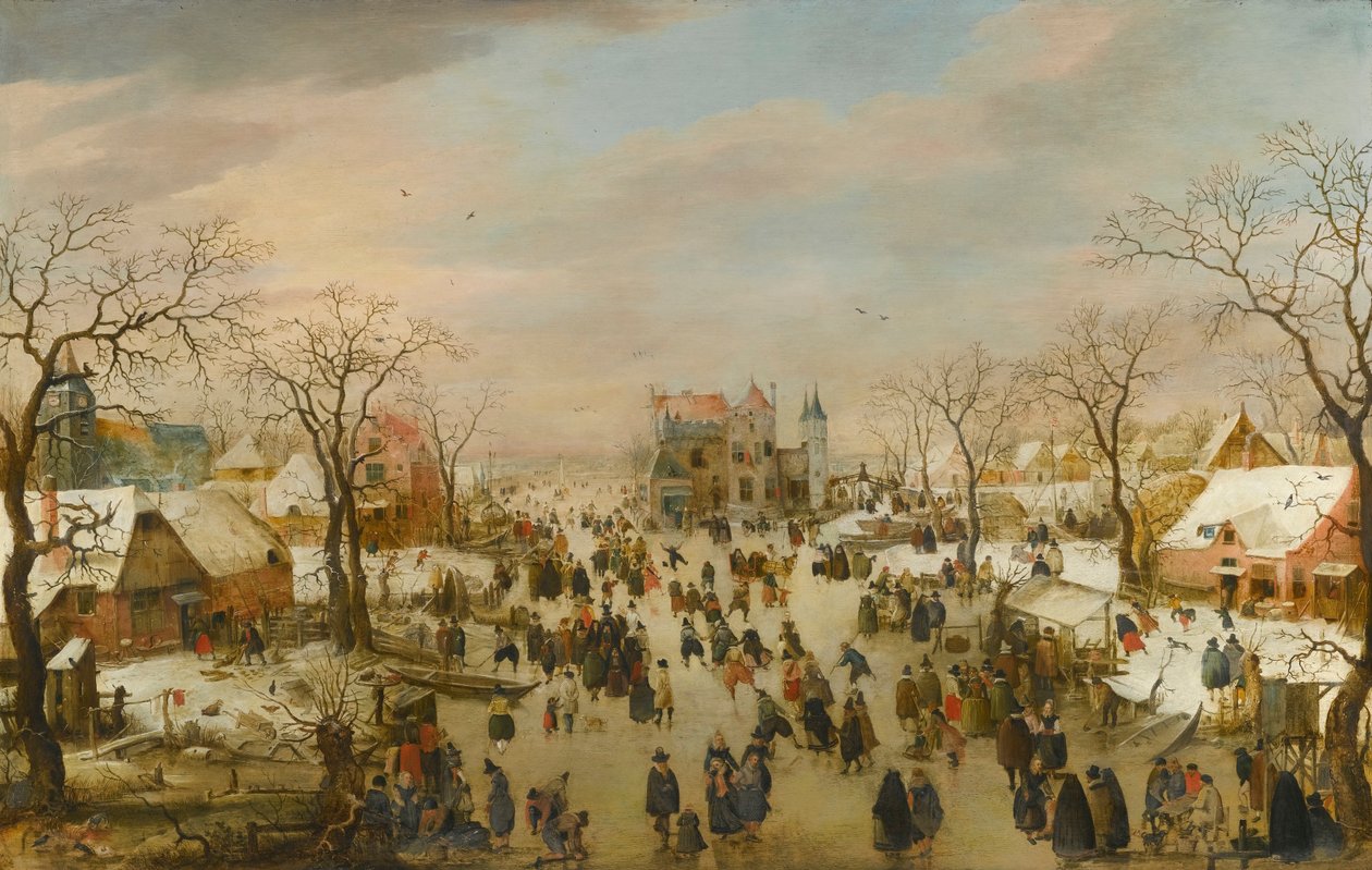 Panoramatická zimní krajina s množstvím postav na zamrzlé řece od Hendrick Avercamp