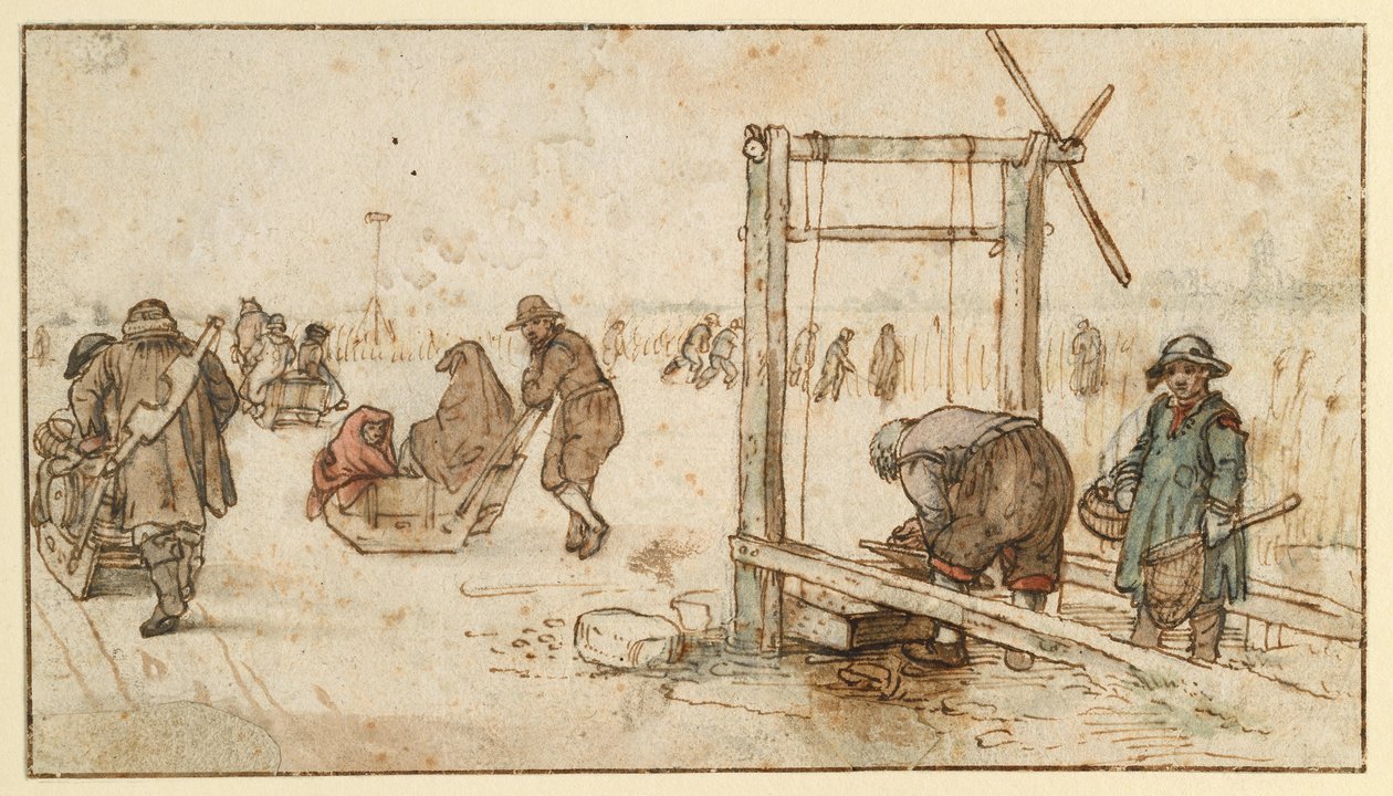 Tři saně na ledě od Hendrick Avercamp
