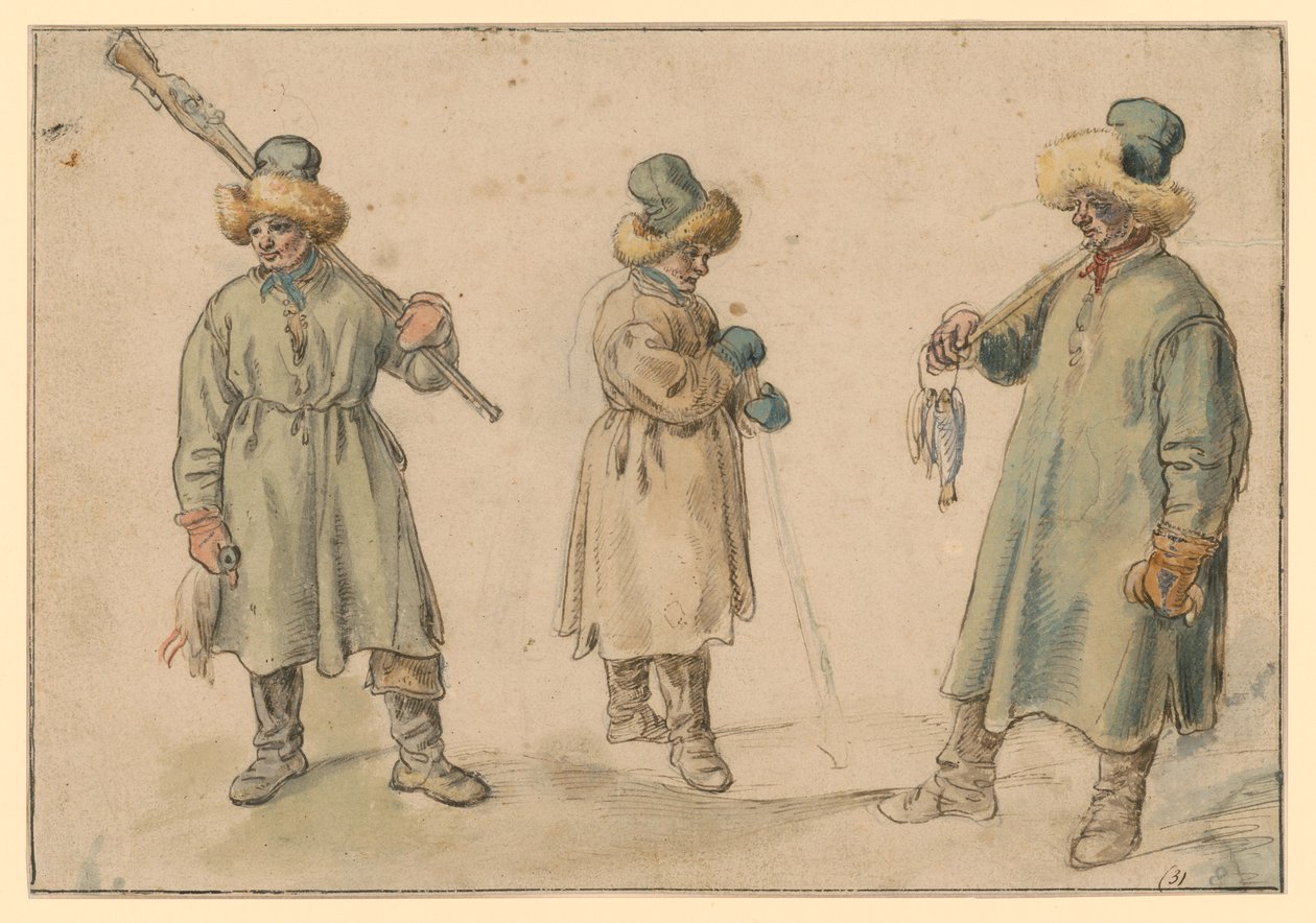 Tři studie rolníka v zimním oděvu od Hendrick Avercamp