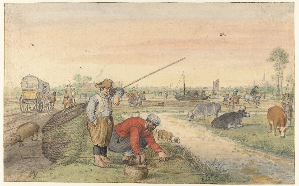 Krajina se dvěma rybáři úhořů u příkopu od Hendrick Avercamp