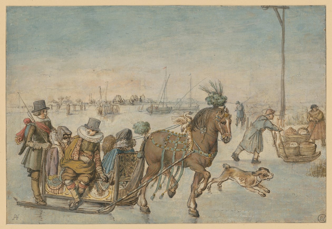 Sáňky tažené koňmi na ledě od Hendrick Avercamp