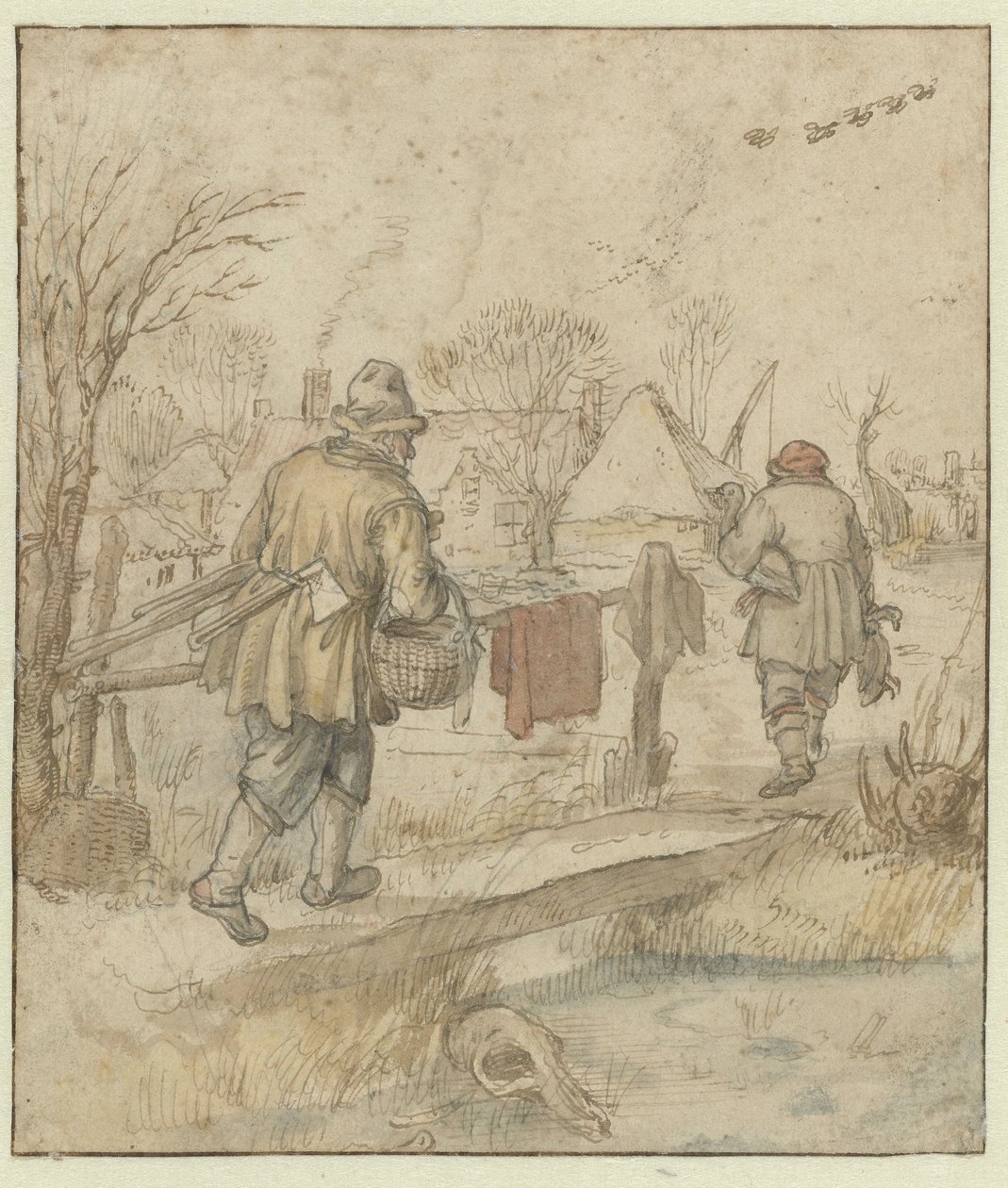 Návrat lovců kachen / verso: Náčrtky lodí a muže v zimním oblečení od Hendrick Avercamp