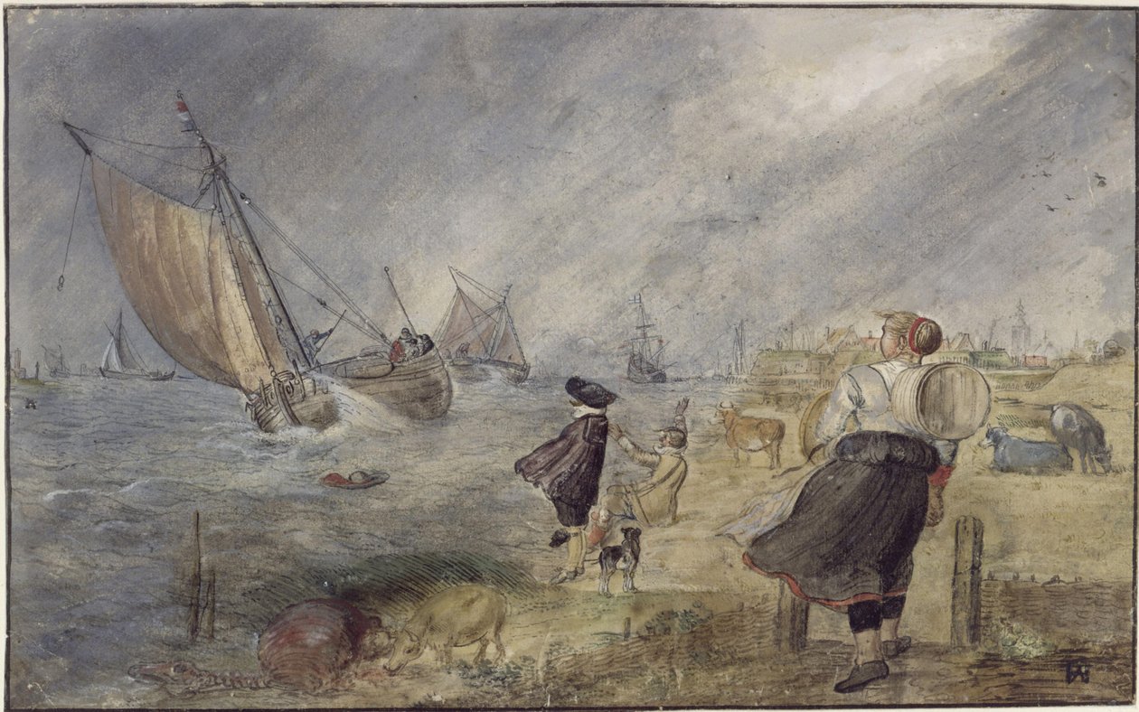 Břeh jezera v bouři s postavami od Hendrick Avercamp