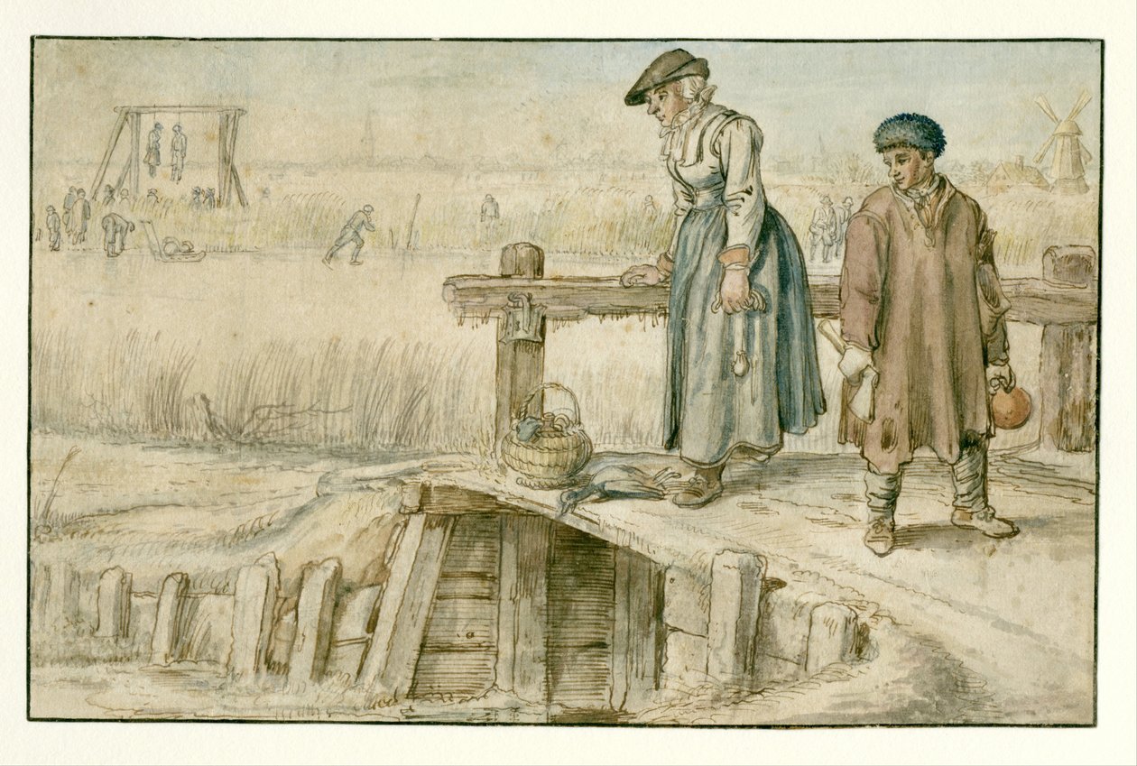 Zimní krajina se ženou a mladíkem na můstku, bruslaři a šibenice v dálce od Hendrick Avercamp
